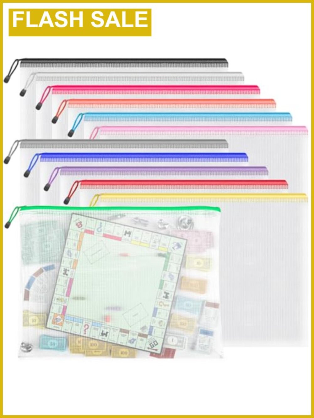 12 Pack A3 Mesh Zipper Pouch Bags Plastic Storage Organizer Board Game